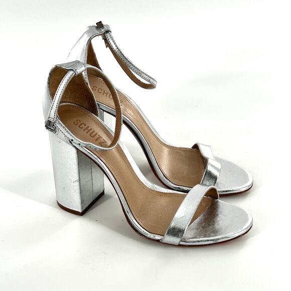 Schutz Cadey Lee Ankle Strap Heels 9.5 Silver Leather NWOT Sandals Block Heel - Picture 5 of 9